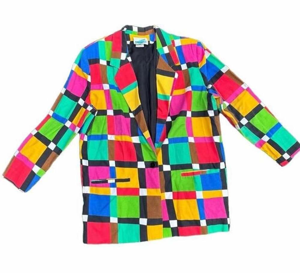 Susan Graver Blazer Size 14/16 Multicolor Geometric Squares Vintage